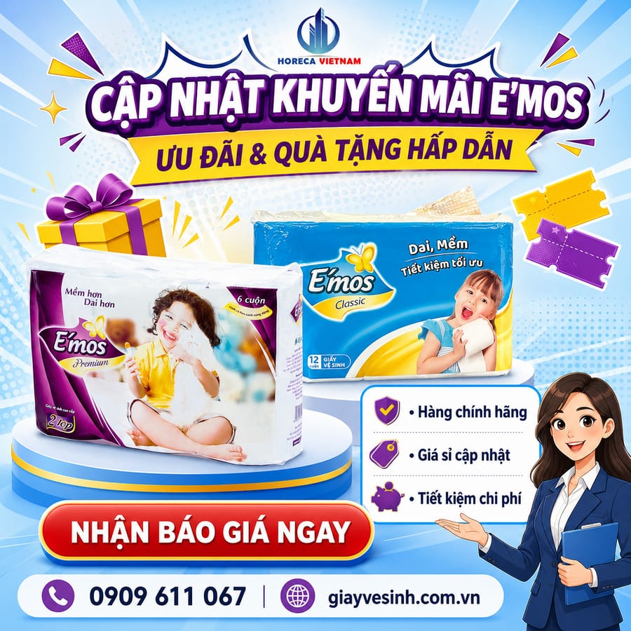 Cập nhật các chương trình khuyến mãi giấy vệ sinh e'mos uy tín tốt nhất tại Horeca Việt Nam