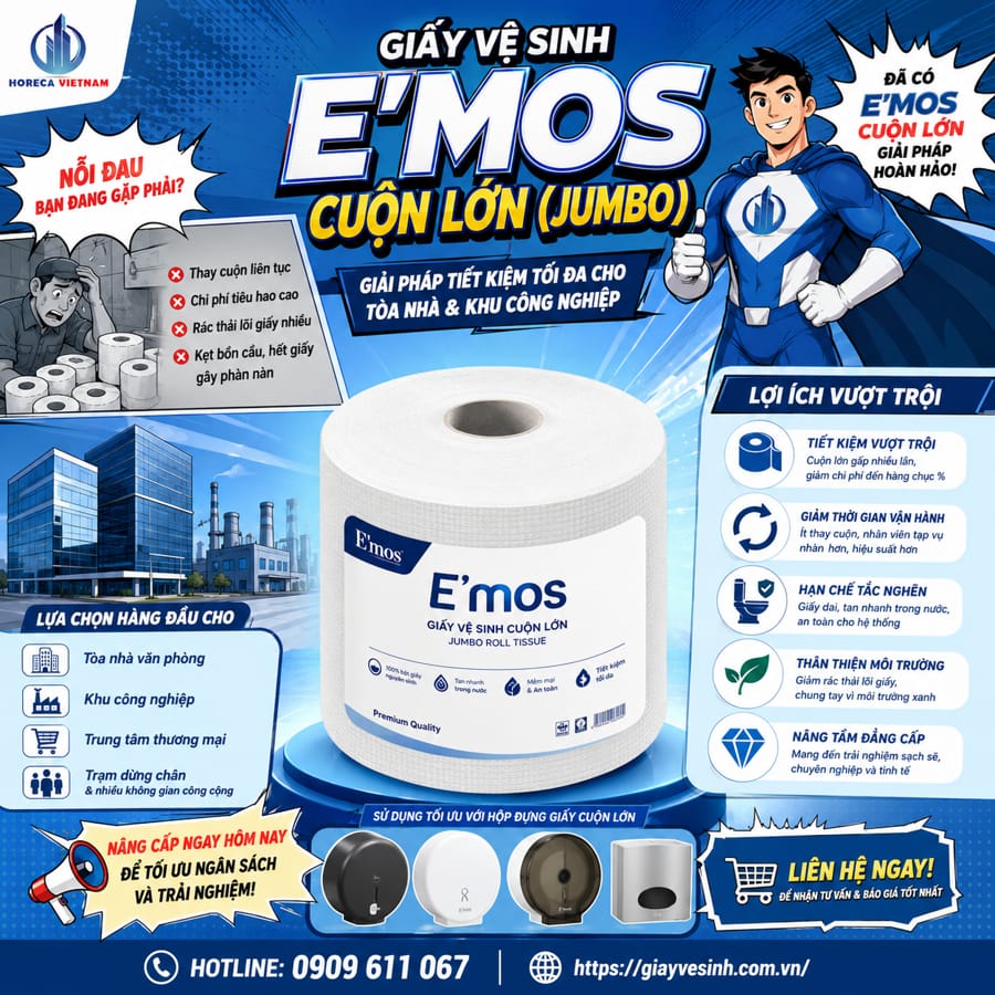Cung cấp giấy vệ sinh e'mos cuộn lớn uy tín cho tòa nhà khu công nghiệp