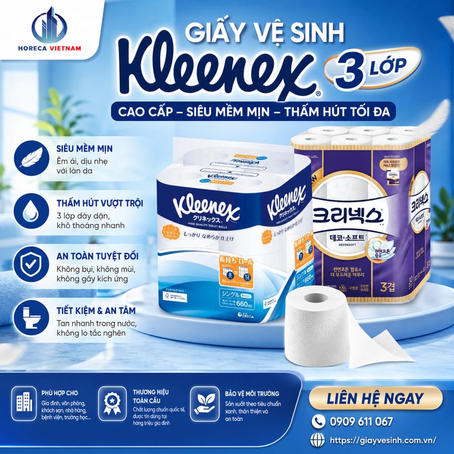 Cung cấp giấy vệ sinh kleenex 3 lớp cao cấp siêu mềm mịn thấm hút tốt tại Horeca Việt Nam
