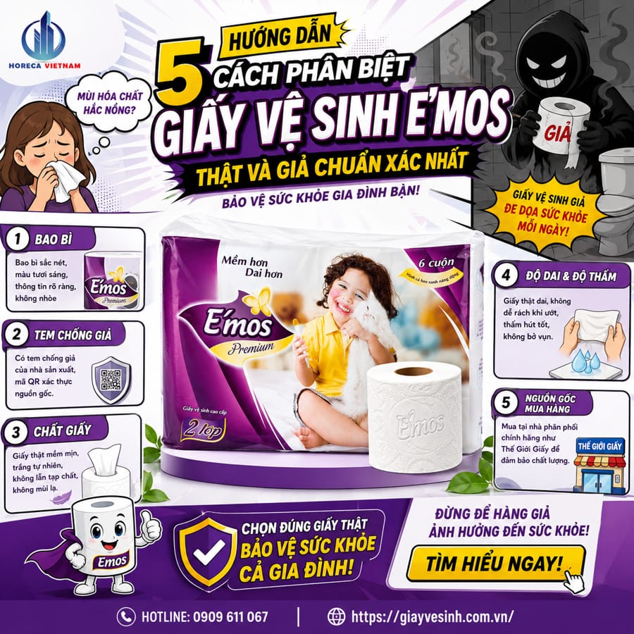 Hướng dẫn phân biệt giấy vệ sinh e'mos giả chuẩn xác nhất tại Horeca Việt Nam
