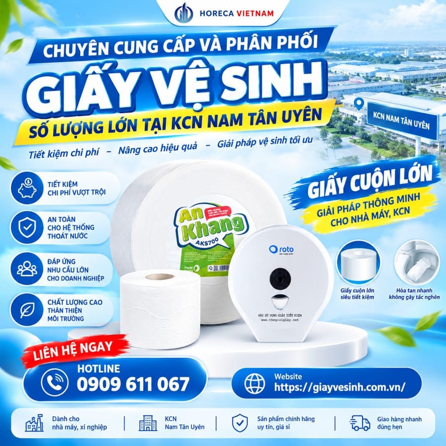 Horeca Việt Nam địa chỉ cung cấp giấy vệ sinh KCN Nam Tân Uyên uy tín, giá sỉ cạnh tranh bậc nhất thị trường.