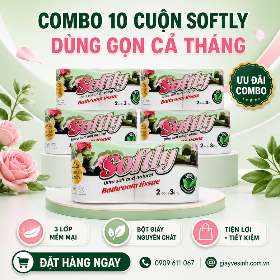 Mua combo lốc 10 cuộn giấy vệ sinh softly 3 lớp tối ưu chi phí dùng cả tháng